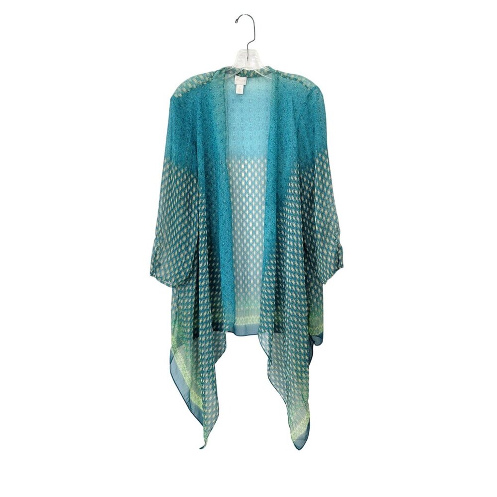 Chico's Sheer Open Front Kimono Cardigan Size 2, Women's Large Blue & Green Geom - Picture 1 of 3